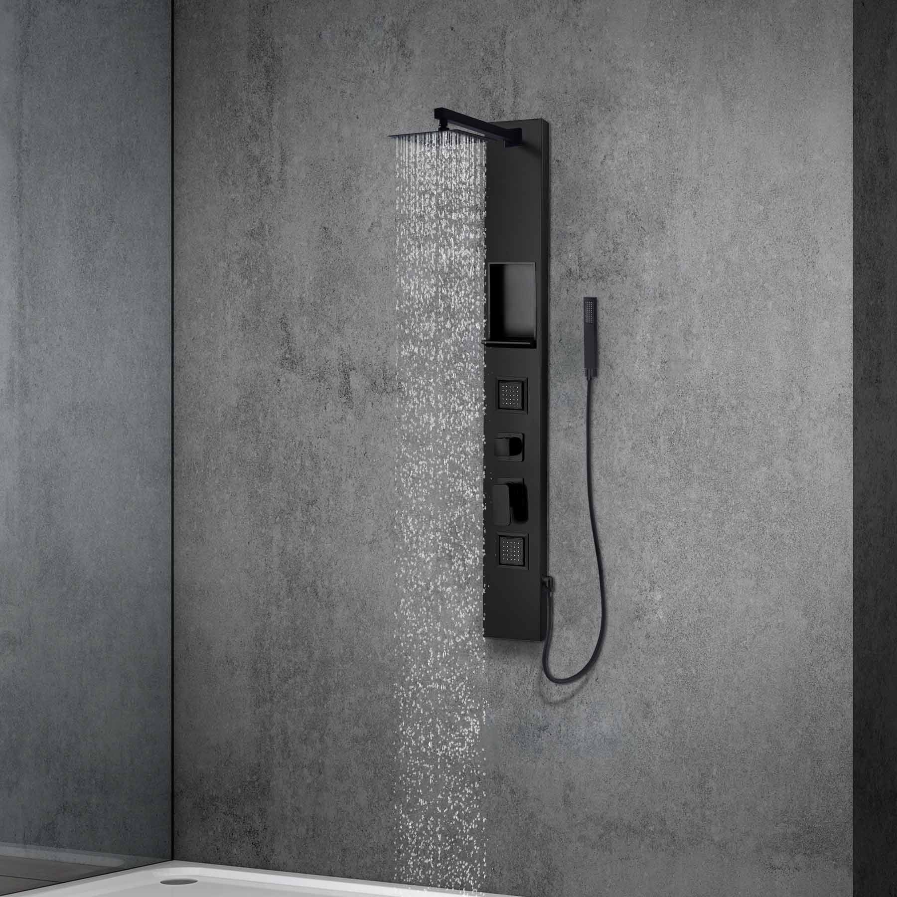 Duschpaneel aus Aluminium Schwarz Matt mit Edelstahl Regenbrause Wandnische und Bodyjets