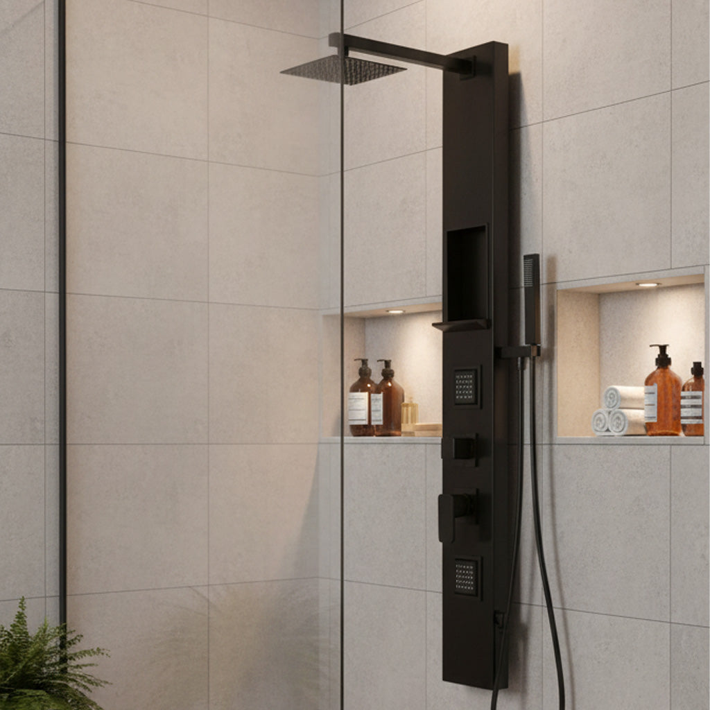 Duschpaneel aus Aluminium Schwarz Matt mit Edelstahl Regenbrause Wandnische und Bodyjets