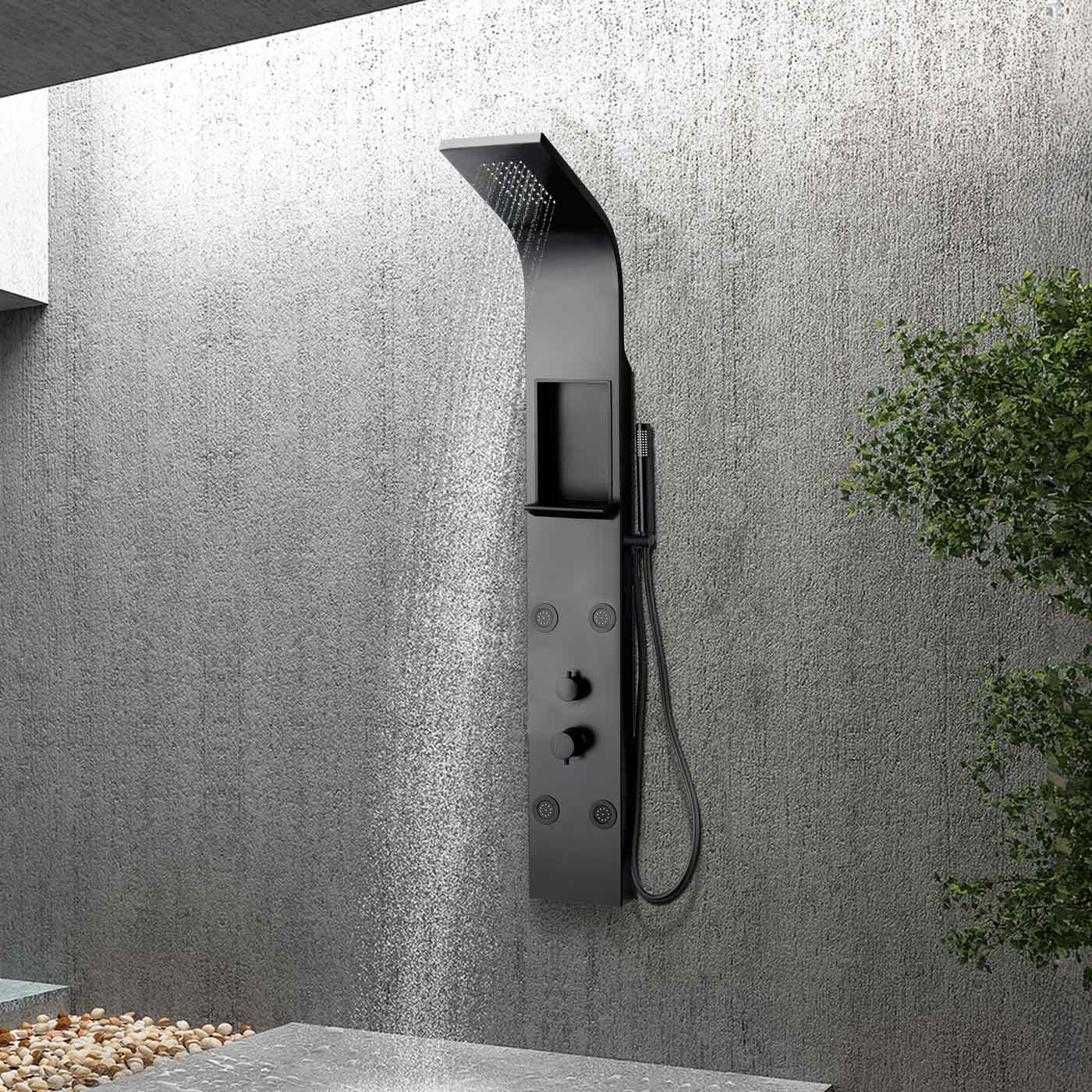 Płyta prysznicowa z czarnego matowego aluminium z natryskiem deszczowym ze stali nierdzewnej, wnęką ścienną i bodyjetami
