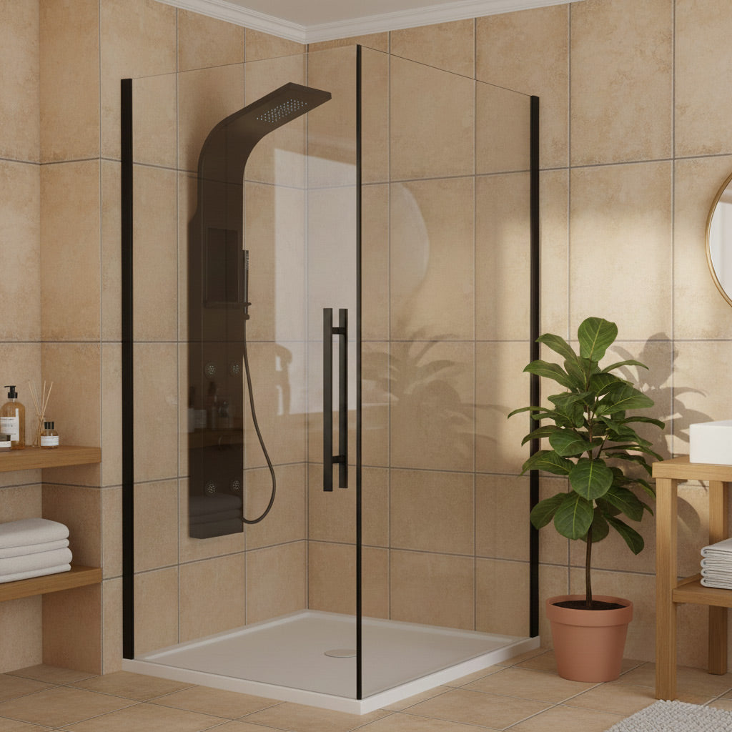 Płyta prysznicowa z czarnego matowego aluminium z natryskiem deszczowym ze stali nierdzewnej, wnęką ścienną i bodyjetami