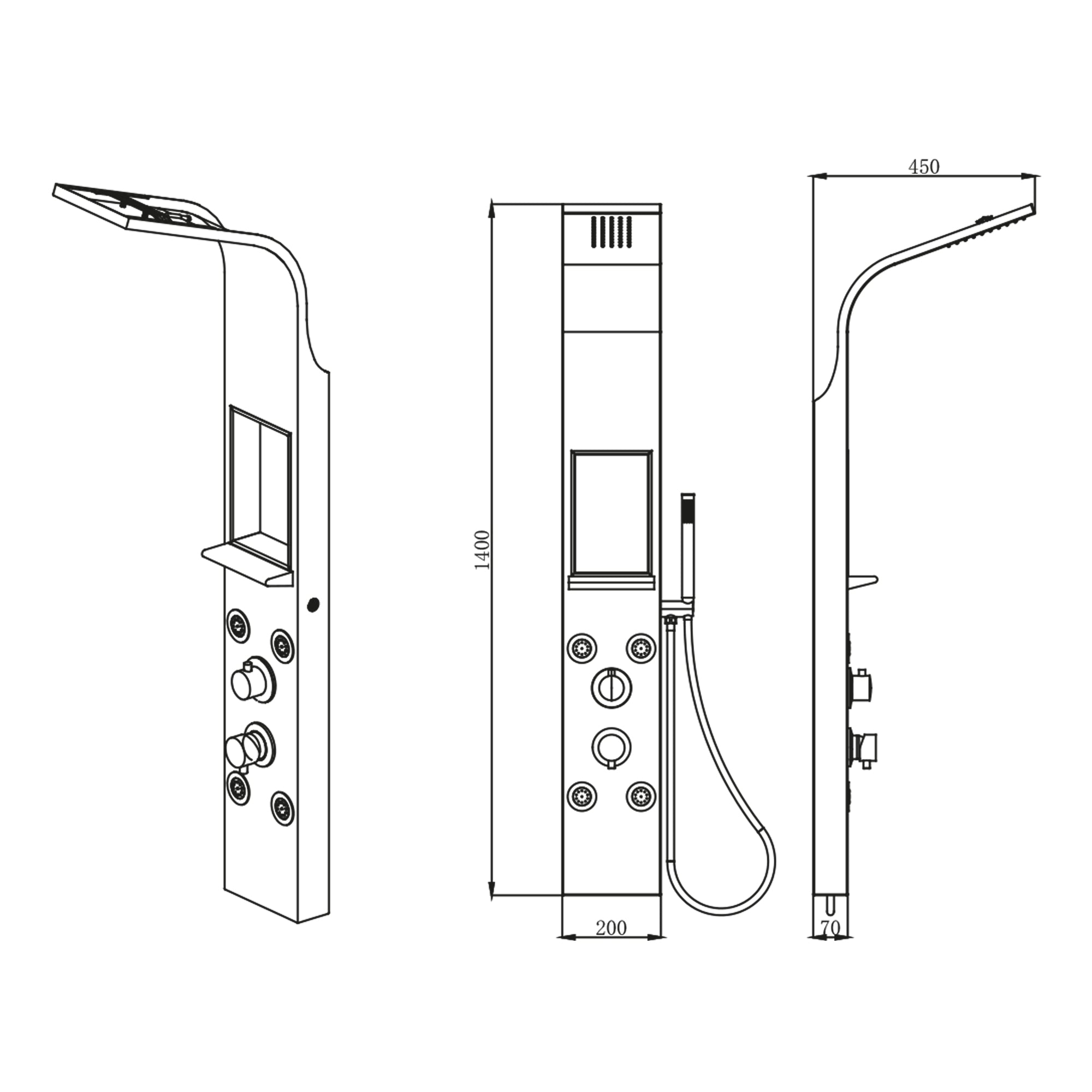 Płyta prysznicowa z czarnego matowego aluminium z natryskiem deszczowym ze stali nierdzewnej, wnęką ścienną i bodyjetami