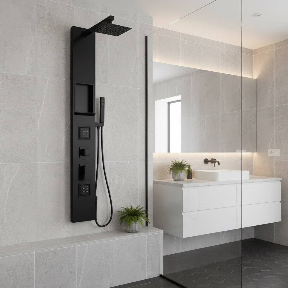 Płyta prysznicowa Czarna Matowa z aluminium – natrysk górny, 4 regulowane bodyjety i wnęka ścienna 140x20 cm