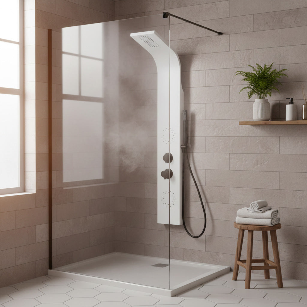 Płyta prysznicowa Biała Matowa 140 cm – natrysk górny, 2 okrągłe dysze boczne i czarne armatury