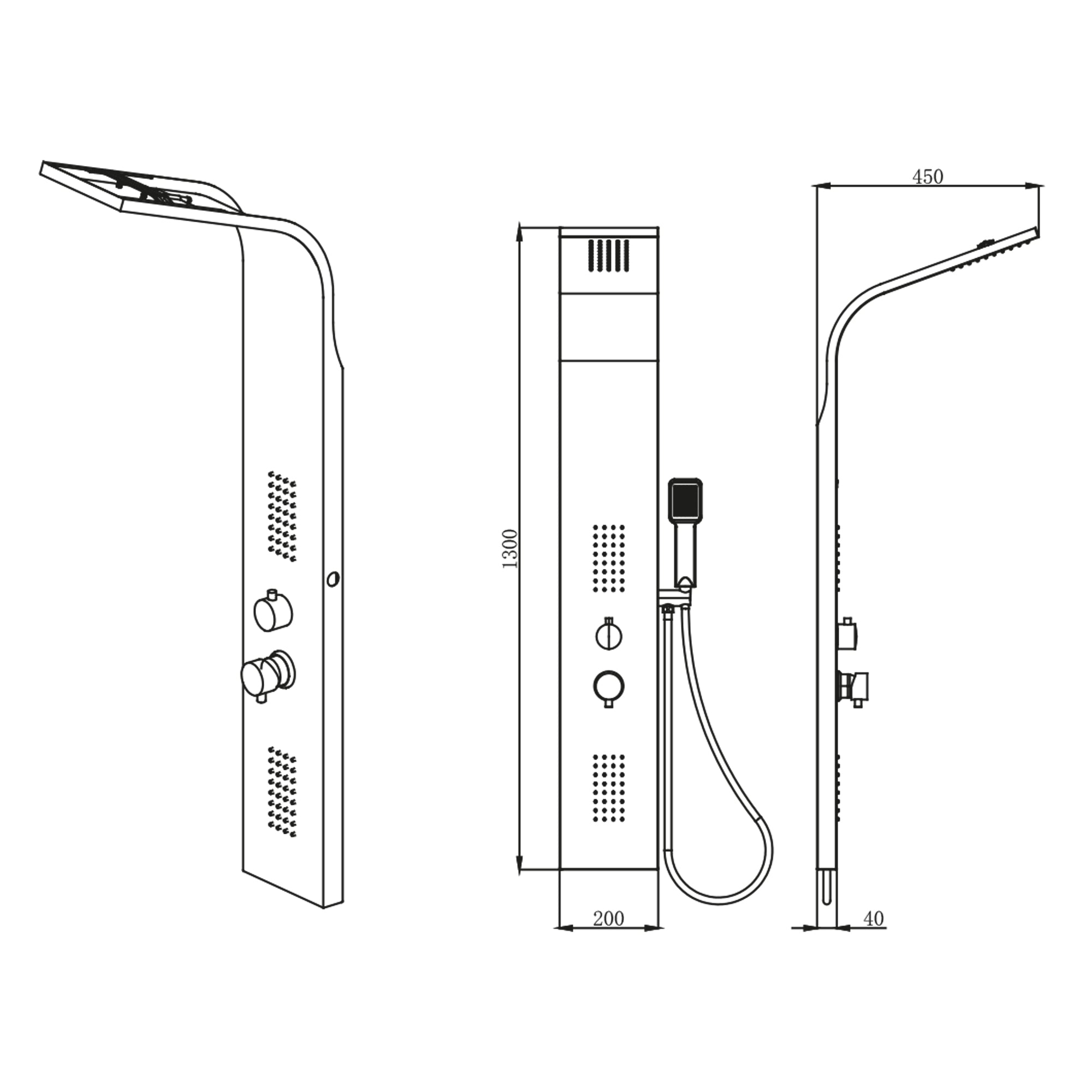 Płyta prysznicowa ze stali nierdzewnej 304 – natrysk górny, 2 dysze boczne, natrysk ręczny 130 x 20 cm