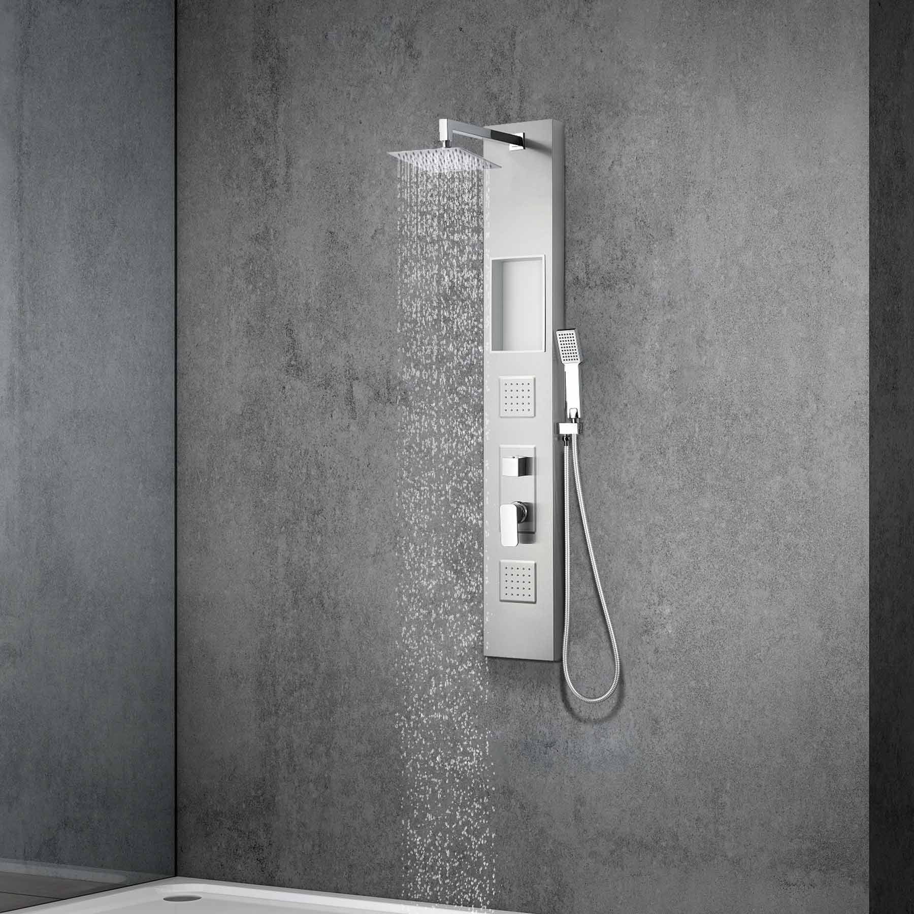 Płyta prysznicowa ze stali nierdzewnej 304 – z kwadratowym natryskiem deszczowym i wnęką ścienną 140x20 cm