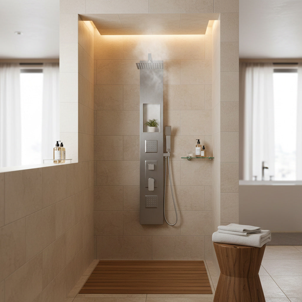 Płyta prysznicowa ze stali nierdzewnej 304 – z kwadratowym natryskiem deszczowym i wnęką ścienną 140x20 cm