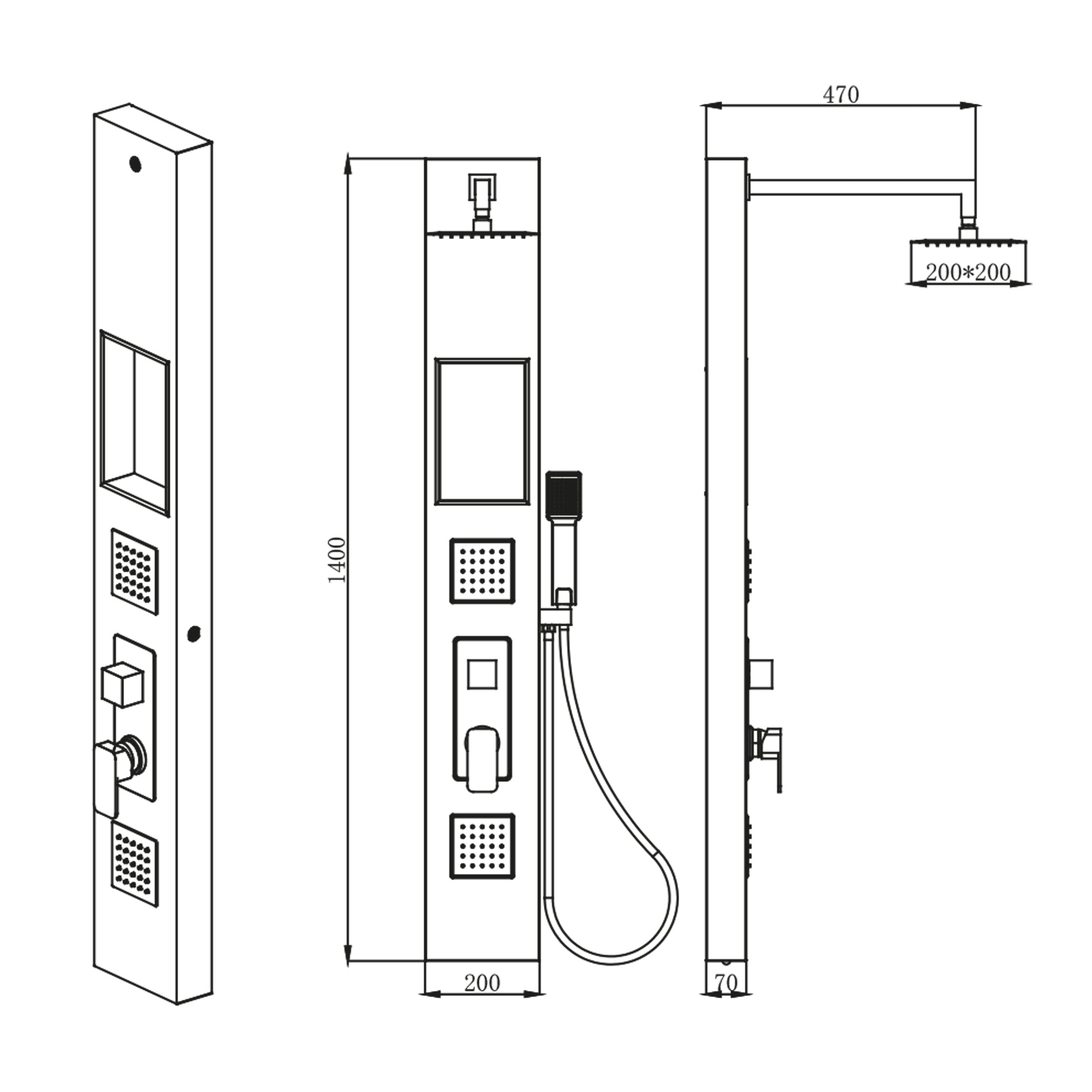 Płyta prysznicowa ze stali nierdzewnej 304 – z kwadratowym natryskiem deszczowym i wnęką ścienną 140x20 cm