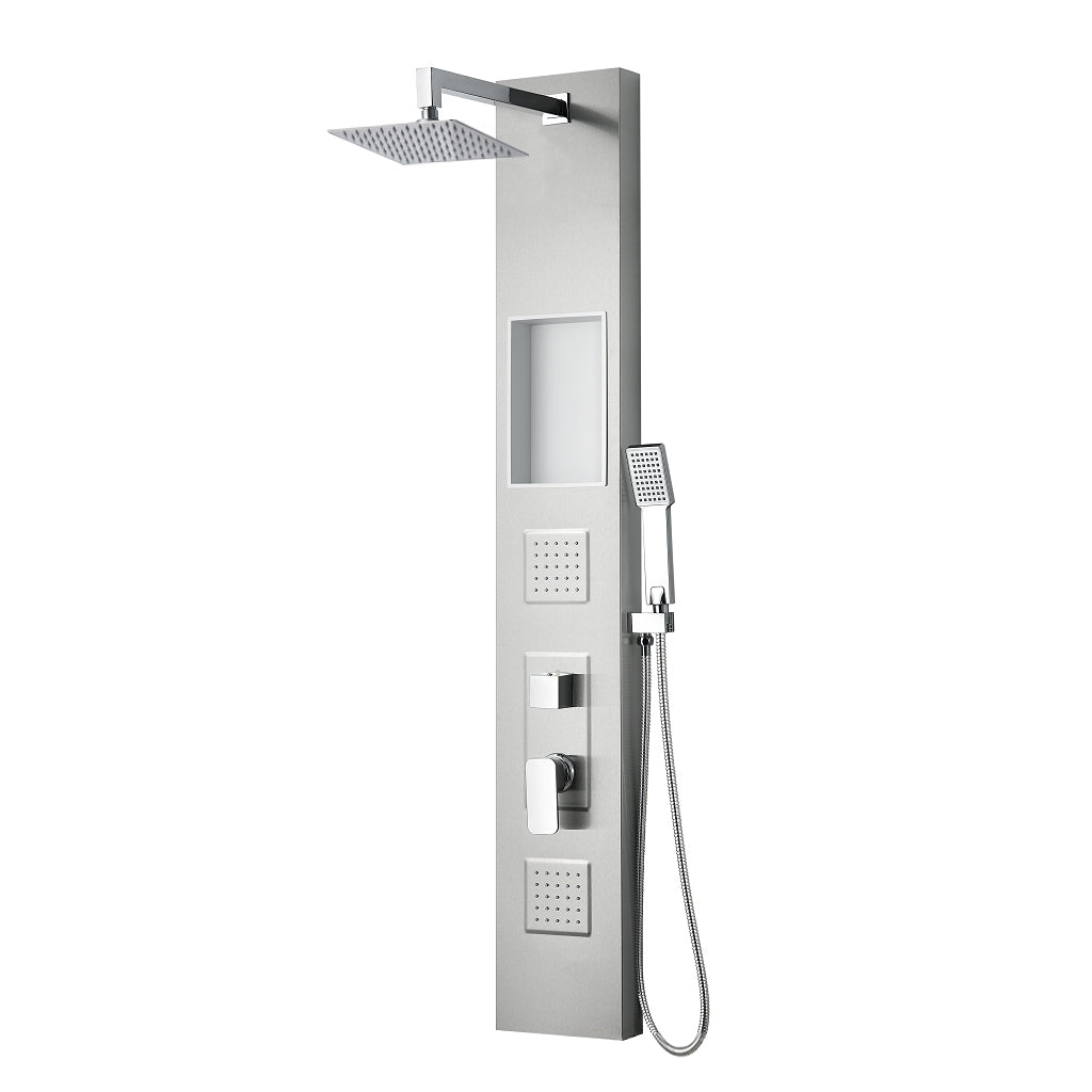 Płyta prysznicowa ze stali nierdzewnej 304 – z kwadratowym natryskiem deszczowym i wnęką ścienną 140x20 cm