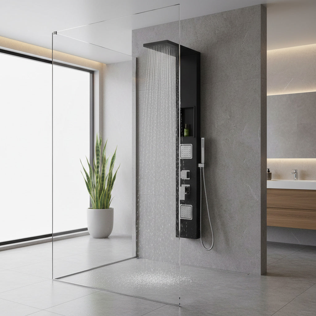 Pannello doccia nero opaco con miscelatore incluso nicchia da incasso