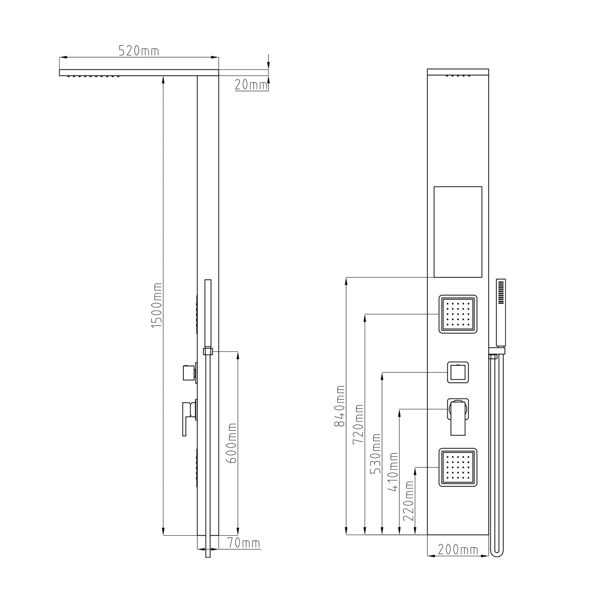 Duschpaneel in Schwarz Matt mit Mischerventil inkl. integrierter Wandnische