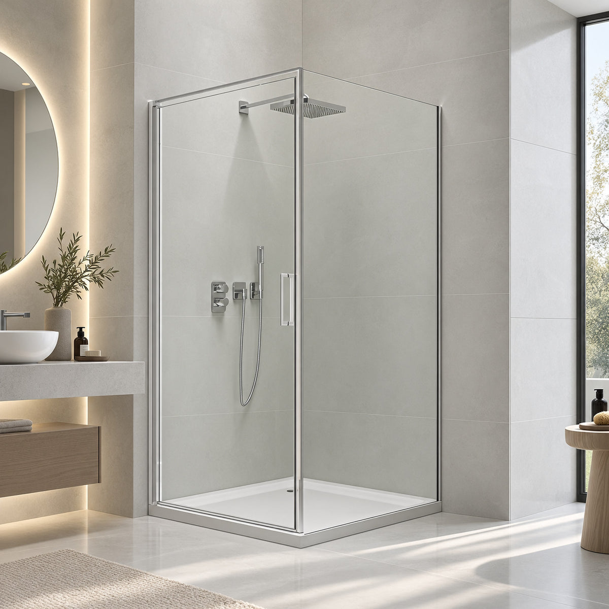Corner shower enclosure with Pivot door – 8 mm Toughened safety glass in Chrome, various sizes