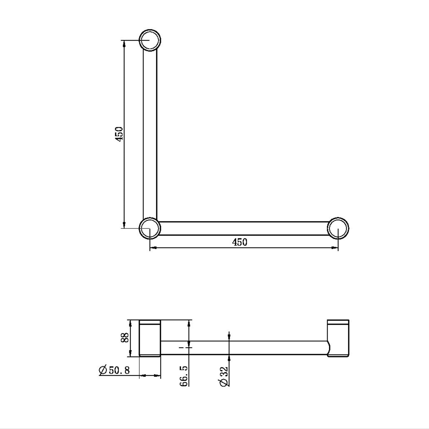 Maniglia per WC Mecca CARE da 32 mm, barra di supporto a 90° 450 x 450 mm