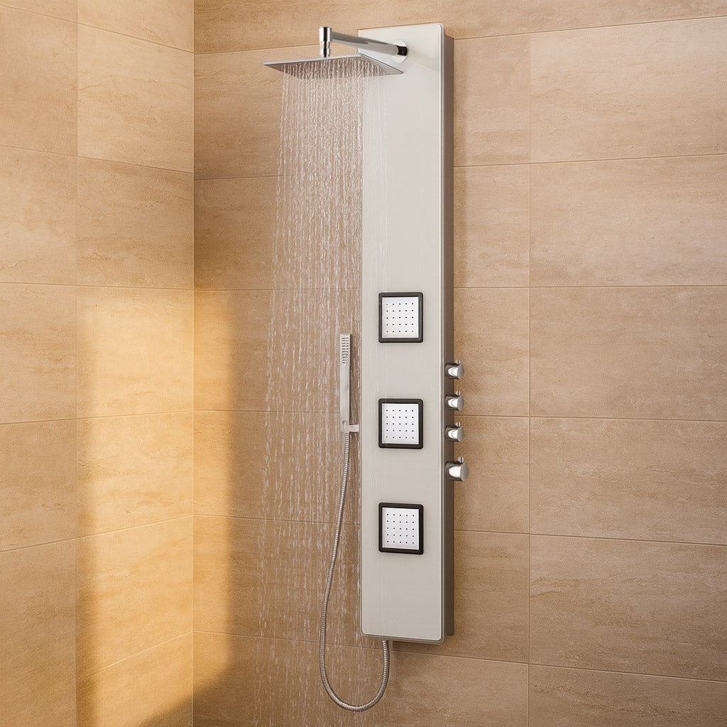 Glass shower panel with thermostat in white with XXL rain shower