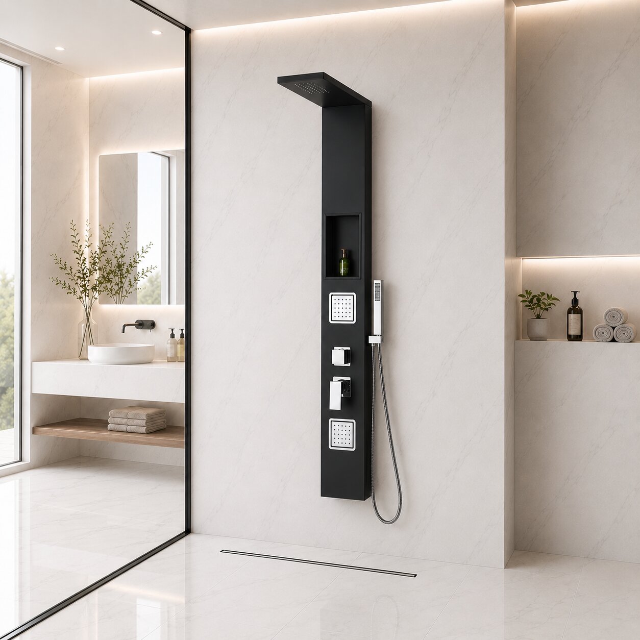 Shower Panel in Black Matt with Mixer Valve incl. Integrated Wall Niche