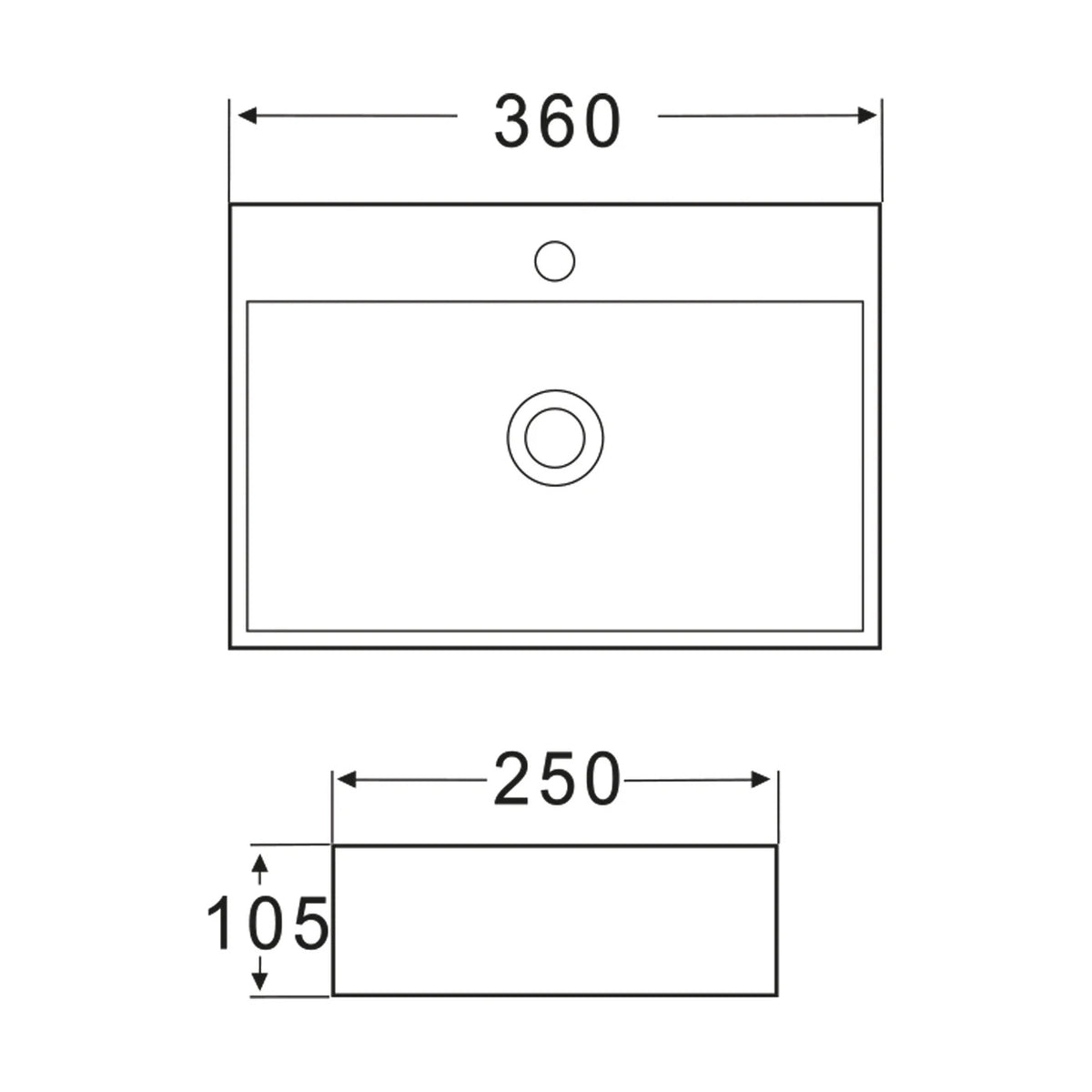 Plano acotado lavabo Paris K300, 360 x 250 x 105 mm