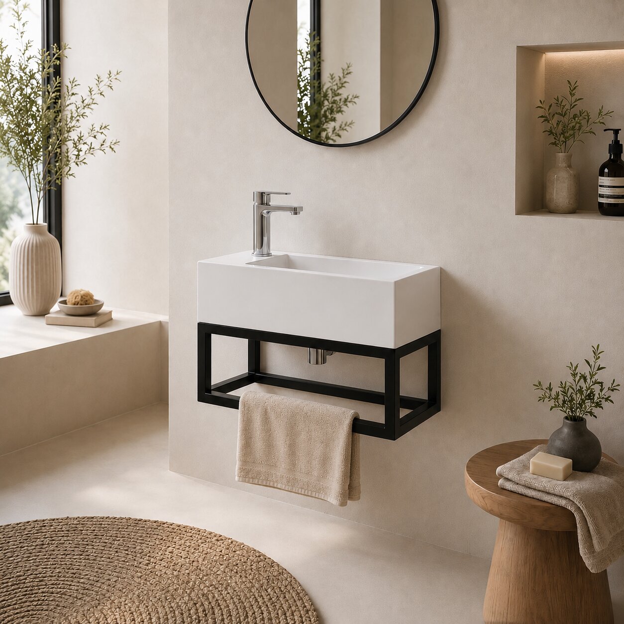 STILFORM guest toilet washbasin Soho Industrial Design made of mineral cast with metal frame black matt with tap hole