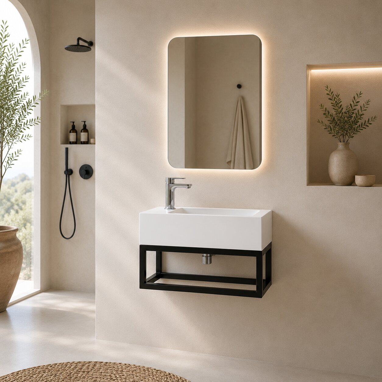 STILFORM Lavabi per bagno degli ospiti Soho dal design industriale in Minerallmarmo con struttura in metallo Nero opaco con foro rubinetto