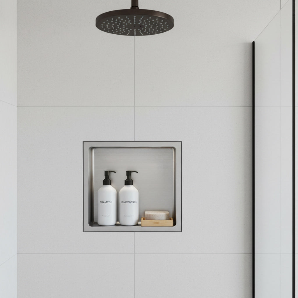 Nicchia da parete Stilform in acciaio inox spazzolato, disponibile in 30x30, 60x30 o 90x30 cm