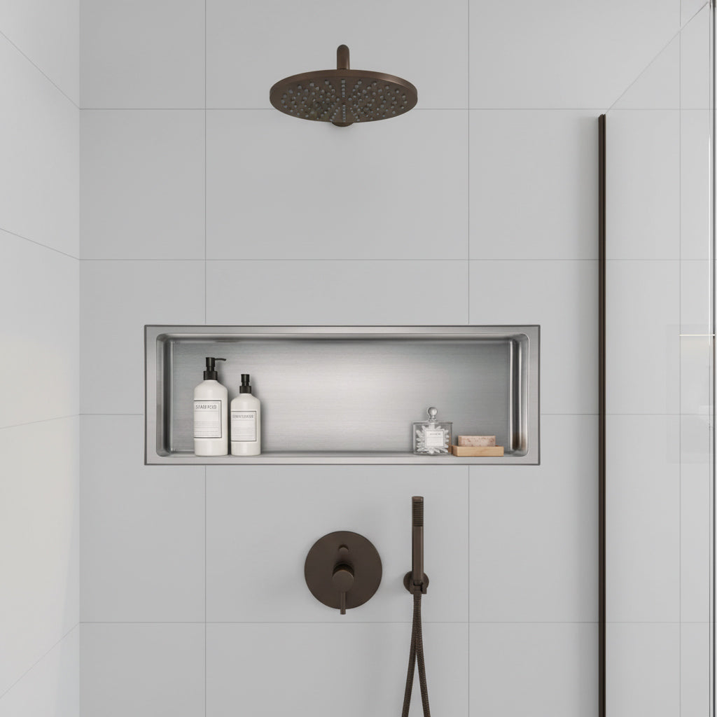 Nicchia da parete Stilform in acciaio inox spazzolato, disponibile in 30x30, 60x30 o 90x30 cm