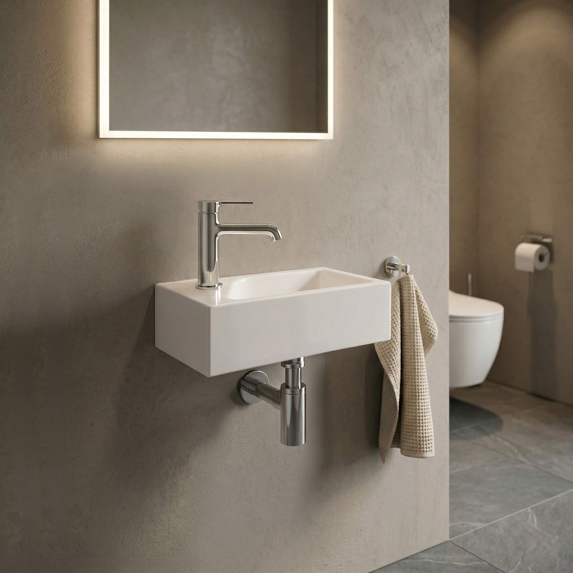 SOHO Guest WC Basin Made from Mineral Cast for Wall Mounting or as a Countertop Basin with Tap Hole