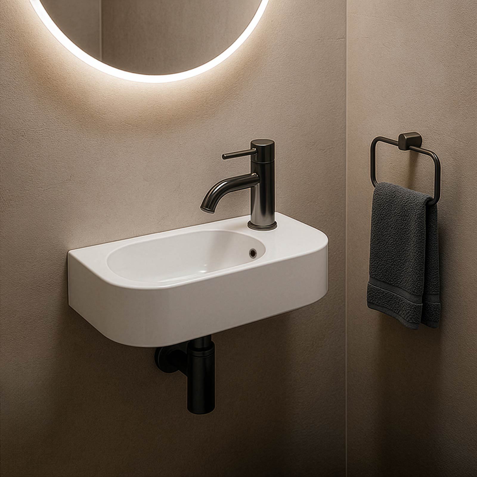 Umyvadlo do hosťovskej toalety PARK 40x20 cm z minerálneho liateho kameňa na nástennú montáž alebo ako umývadlo na dosku s otvorom na batériu vpravo