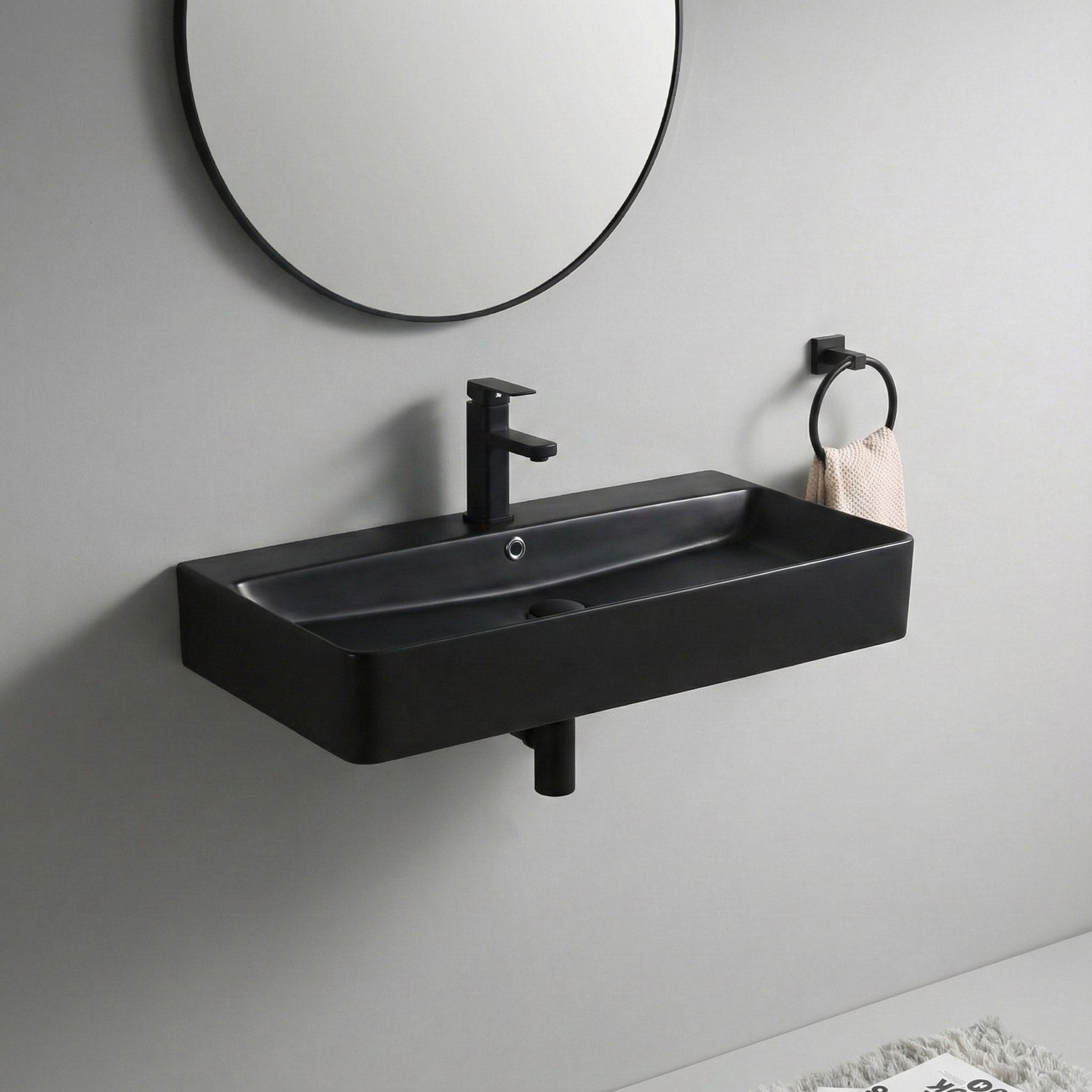 Berlin sink 80 cm black matte ceramic for wall mounting or as a countertop sink with tap hole