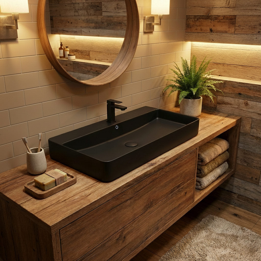 Berlin sink 80 cm black matte ceramic for wall mounting or as a countertop sink with tap hole