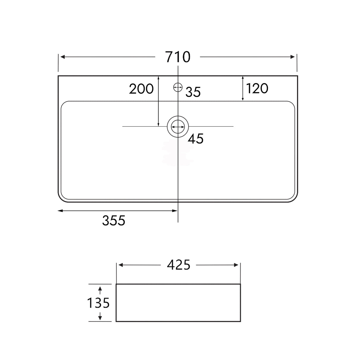 Lavabo Berlin 70x42 in ceramica pregiata per montaggio a parete o come lavabo da appoggio con foro rubinetto in Nero opaco