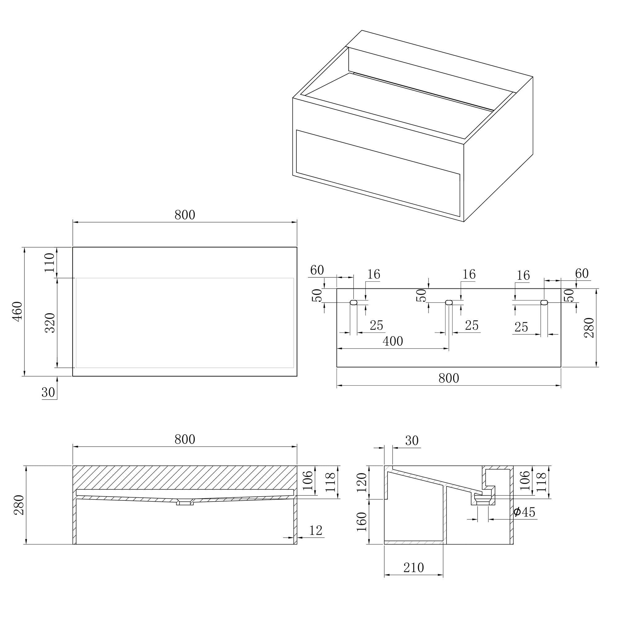 Stilform Wandwaschbecken 80x46x28 cm | Mineralguss mit Ablagefach | Weiß matt