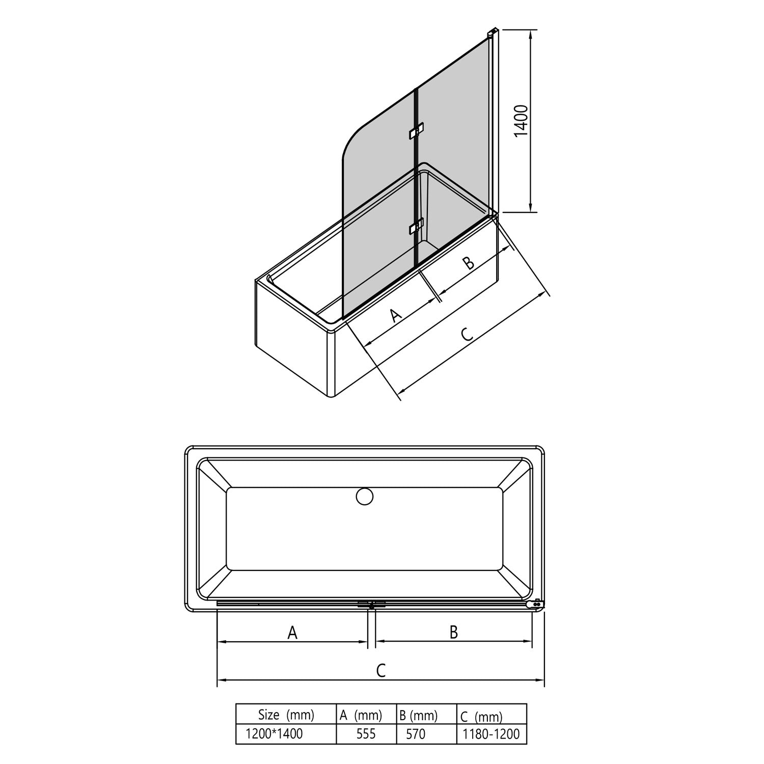 Bathtub attachment glass shower screen chrome 120x140 folding wall