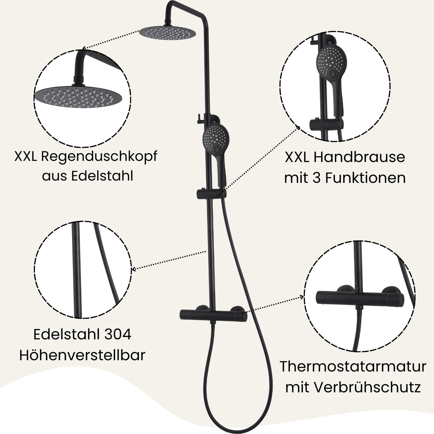 Duschsäule Thermostat Highline Pro inkl. Regendusche und Handbrause Schwarz Matt