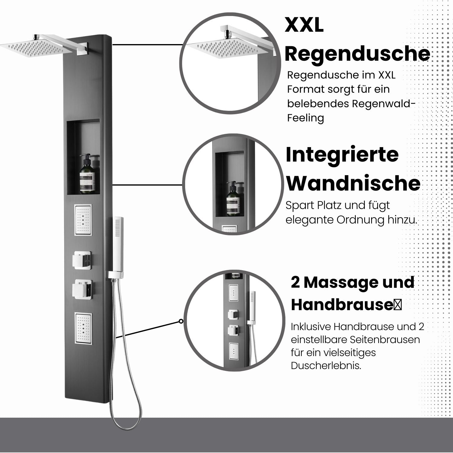 XXL Duschpaneel in Gunmetal Gebürstet Thermostat und integrierter Nische