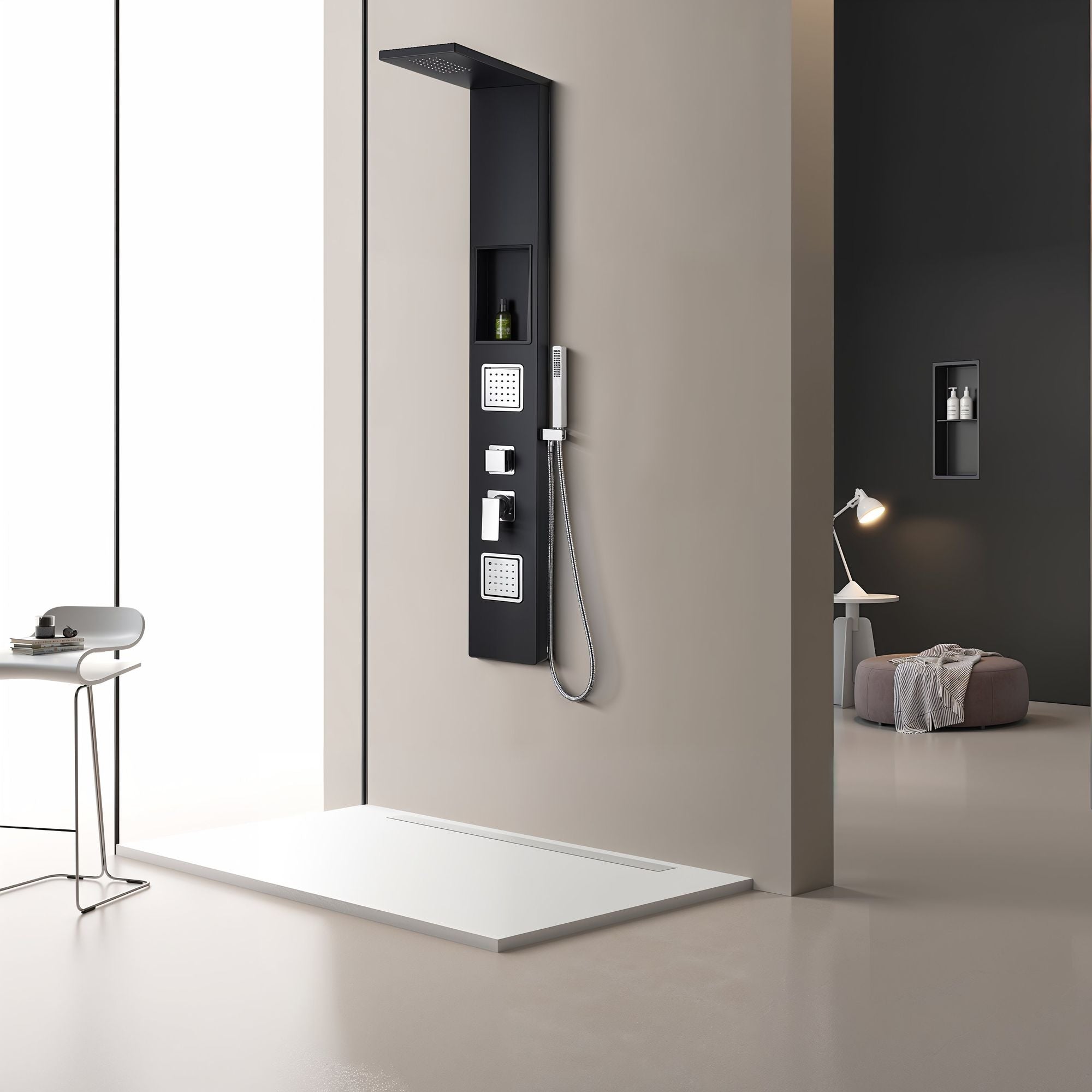 Shower panel in matt black with mixer valve including integrated wall niche