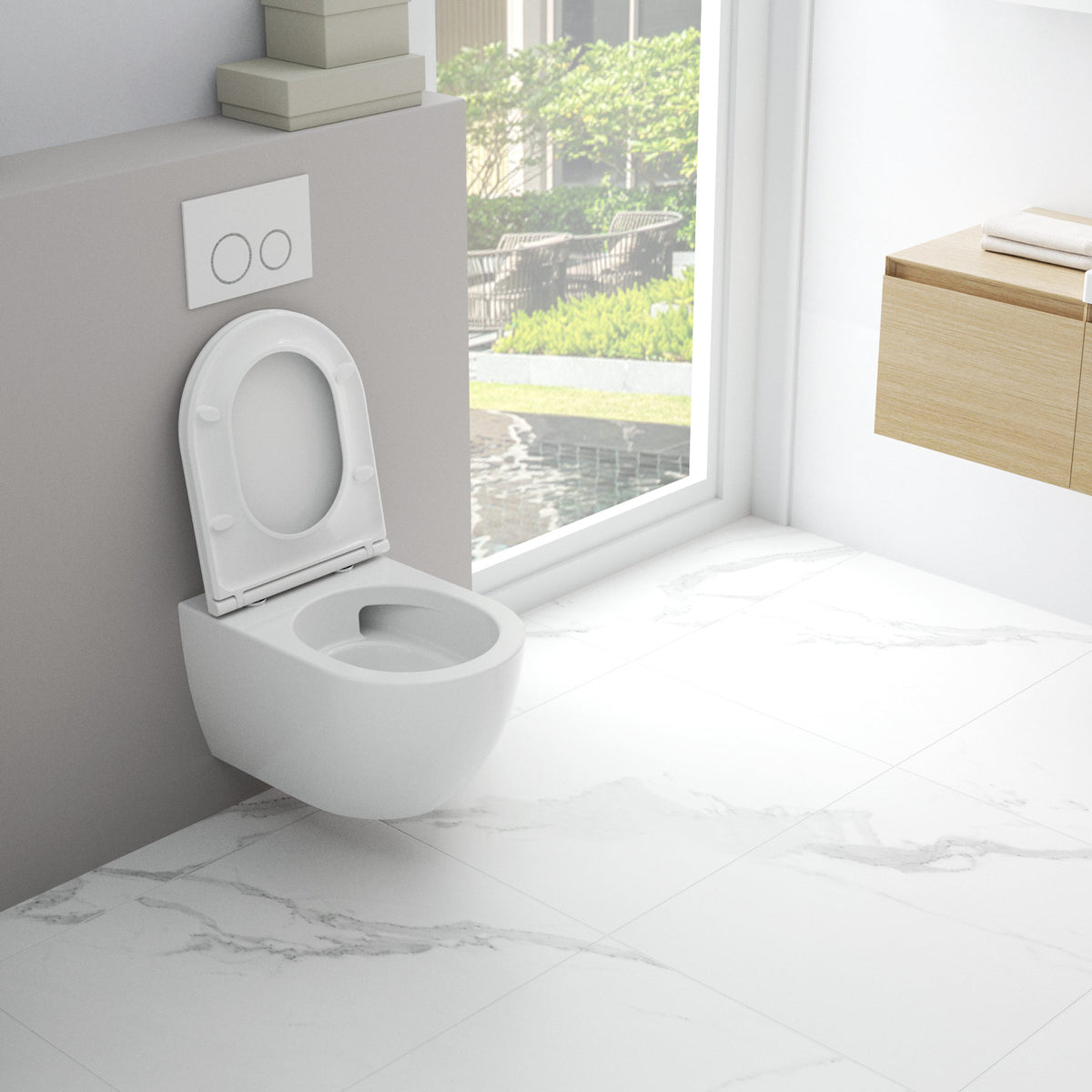 Závesné WC Soho 3.0 namontované na stene s otvoreným sedadlom