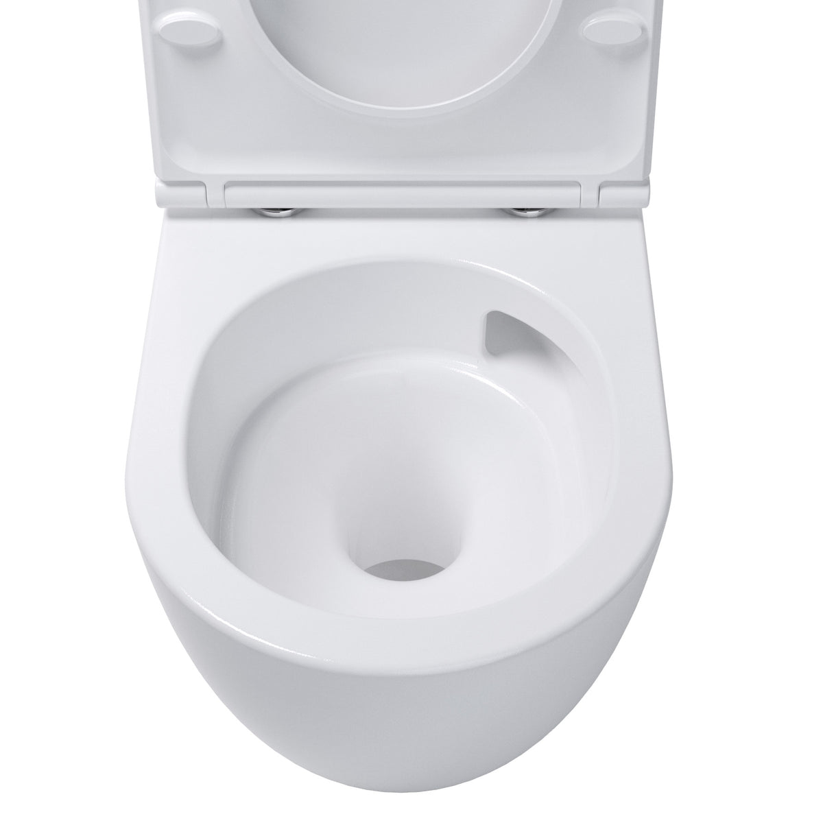 Spülrandloses Becken des Wand-WC Soho 3.0 von oben, Sitz hochgeklappt